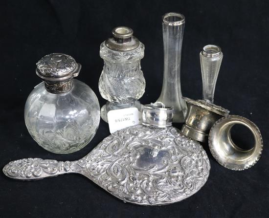 A silver-mounted glass toilet bottle, engraved with knapweed, William Comyns and sundry silver/silver-mounted items